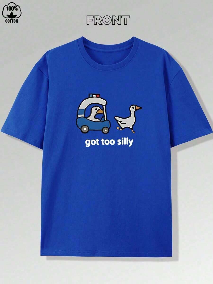 Got Too Silly "Duck Print T-Shirt, Men's Casual Short Sleeve Crew Neck T-Shirt, Pure Cotton T-Shirt, Comfortable And Breathable, Y2k Style, Regular Fit, Suitable For All Seasons" - 藍色 - 查看 1