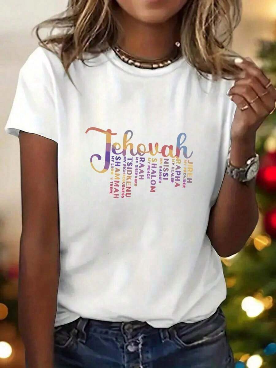 Women's 100% Cotton One-Piece T-Shirt With English Letter Print, Round Neck, Short Sleeve Casual Sporty Style For Spring And Summer, Breathable Cotton T-Shirt For Women, Goes With Everything. - 白色 - 查看 1