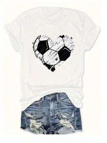 1 Women's Heart Print Soccer Jersey - Green, Casual, Crew Neck, Black And White Soccer Print, Soft Polyester Fabric, Regular Fit For All Seasons, Perfect For Sports Fans And Enthusiasts, Sports Fan Apparel. | Soccer Themed Clothing | Ficool Comfortable - 紅色 - 查看 7