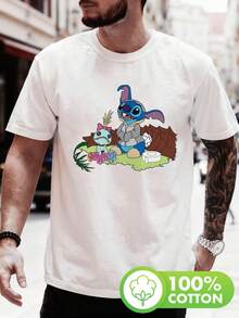Disney Lilo & Stitch "Stitch & Scrump Camping" Graphic T-ShirtMen's Short-Sleeved T-Shirt With Zootopia 2 Design. Crew Neck, Casual And Comfortable, Breathable And Lightweight, Suitable For Sports And Casual Wear. - 白色 - 查看 1