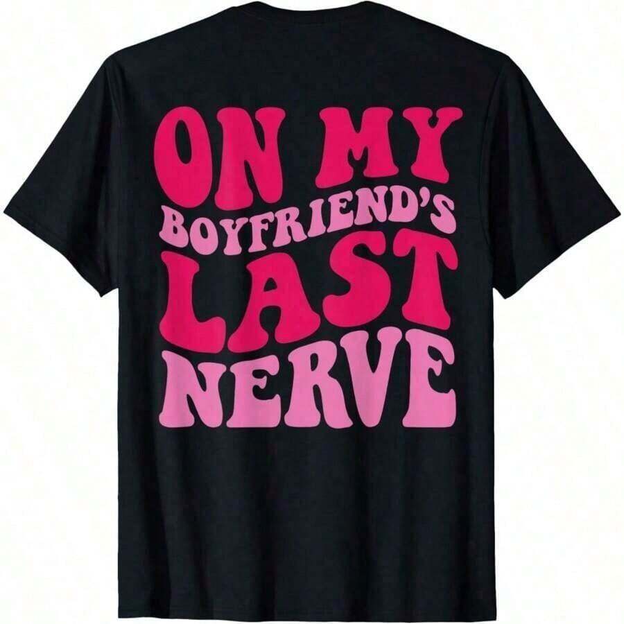 1 Piece T-Shirt With "My Boyfriend's Patience At Its Limit" Print For Valentine's Day, Casual, For Women, Fashion Cotton T-Shirts, 180g 100% Cotton. - 黑色 - 查看 1