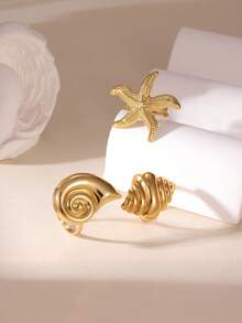 3pcs Minimalist Stainless Steel Ocean Series Rings Set - Seashell, Starfish Adjustable Rings, Suitable For Women's Daily Wear Or Beach Vacation - Multicolor - View 2