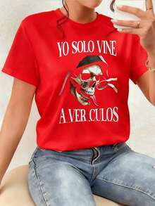 Women's T-Shirt With Skull And Dark Humor - Provocative Slogan, Comfortable Clothing. - 紅色 - 查看 7