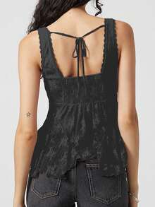 Women Summer Sleeveless Lace Floral Tank Tops V Neck Sheer Mesh Embroidered Ruffle Hem Tops Y2K Night Out Shirts - Black - View 3
