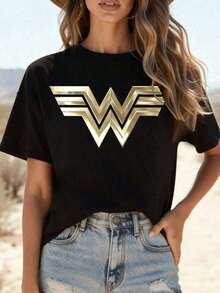 1984 Gold Logo Print T-Shirt With Metallic 3D Gold Badge, Casual Crew Neck Short Sleeve T-Shirt Suitable For Women's Summer And Spring Clothing. Pure-Cotton - 黑色 - 查看 7