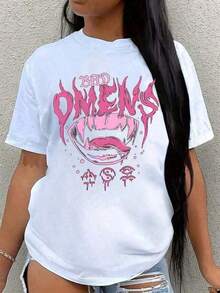 Women's Casual Short-Sleeve Hip-Hop Style T-Shirt, 1 Piece, 180g Pure Cotton, Single-Sided Print, 100% Pure Cotton, "Omen, Interesting Printed Pattern". Y2K Print Short-Sleeve Sports T-Shirt, Urban Retro Hip-Hop Style. Suitable For Valentine's Day In Spring, St. Patrick's Day Gifts In Summer, Party Favors, And Back-To-School Essentials. Neutral Crew Neck Casual T-Shirt. Roomy And Comfortable, 180g 100% Cotton, Fashionable Festival Wear - 白色 - 查看 1