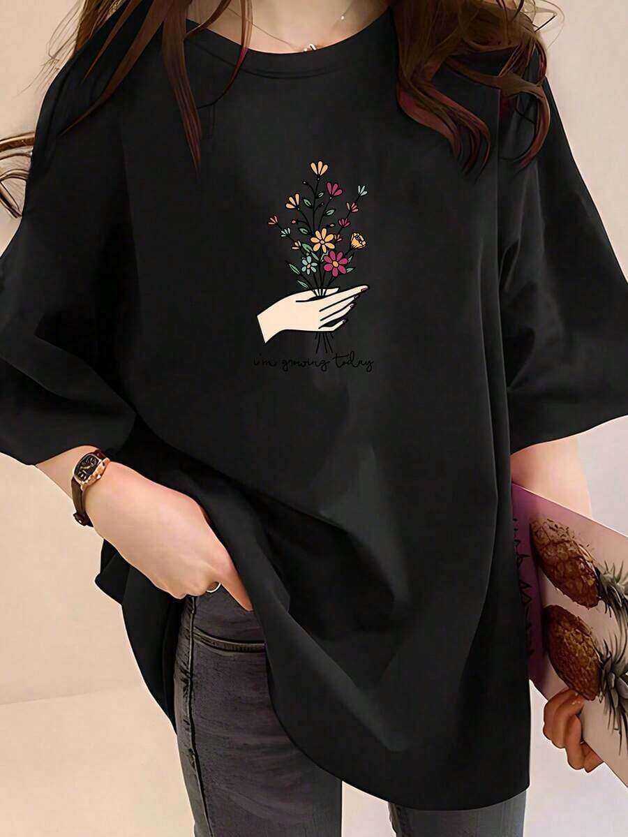 Under The RadarsoftsoftPlus Size, 2X595 Women's Plus Size T-Shirt, Breathable And Comfortable, With Floral Print 'I'm Growing Today', Premium Look, Soft, Casual, For Everyday Wear, Loose Fit, Fashionable T-Shirt For Curvy Figures, Elegant, Plus Size, 100% Cotton, Coolcool-Vintage Street Style Unisex Loose Cotton Short Sleeve Crew Neck T-Shirt - 黑色 - 查看 1