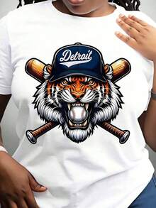 Detroit Tigers Women's Cotton T-Shirts, With Baseball Tiger Head And Crossed Bats, Men's And Women's T-Shirt, Sports Fan Clothing, Gift For Baseball Lovers, Summer Casual Wear, Women's Basic Blouses. - 白色 - 查看 2