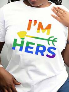 Women's Cotton T-Shirts I M Hers Rainbow Pride T-Shirt For LGBTQ Plus Couple Matching Outfit Pride Month Festival Party Wear, Basic Women's Blouses - 白色 - 查看 2