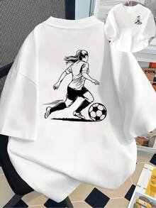 New 180g Short-Sleeved T-Shirt, 1% Cotton, With Prints On The Front And Back - Girl Soccer Player, Playing Soccer - Fashionable Printed T-Shirt For Women, Your Best Choice! - Suitable For Layering In Spring And Autumn, And For Wearing Alone In Summer, Unisex Style. - 白色 - 查看 1