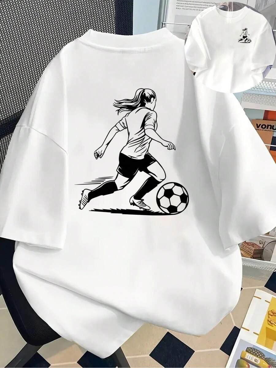 New 180g Short-Sleeved T-Shirt, 1% Cotton, With Prints On The Front And Back - Girl Soccer Player, Playing Soccer - Fashionable Printed T-Shirt For Women, Your Best Choice! - Suitable For Layering In Spring And Autumn, And For Wearing Alone In Summer, Unisex Style. - 白色 - 查看 1