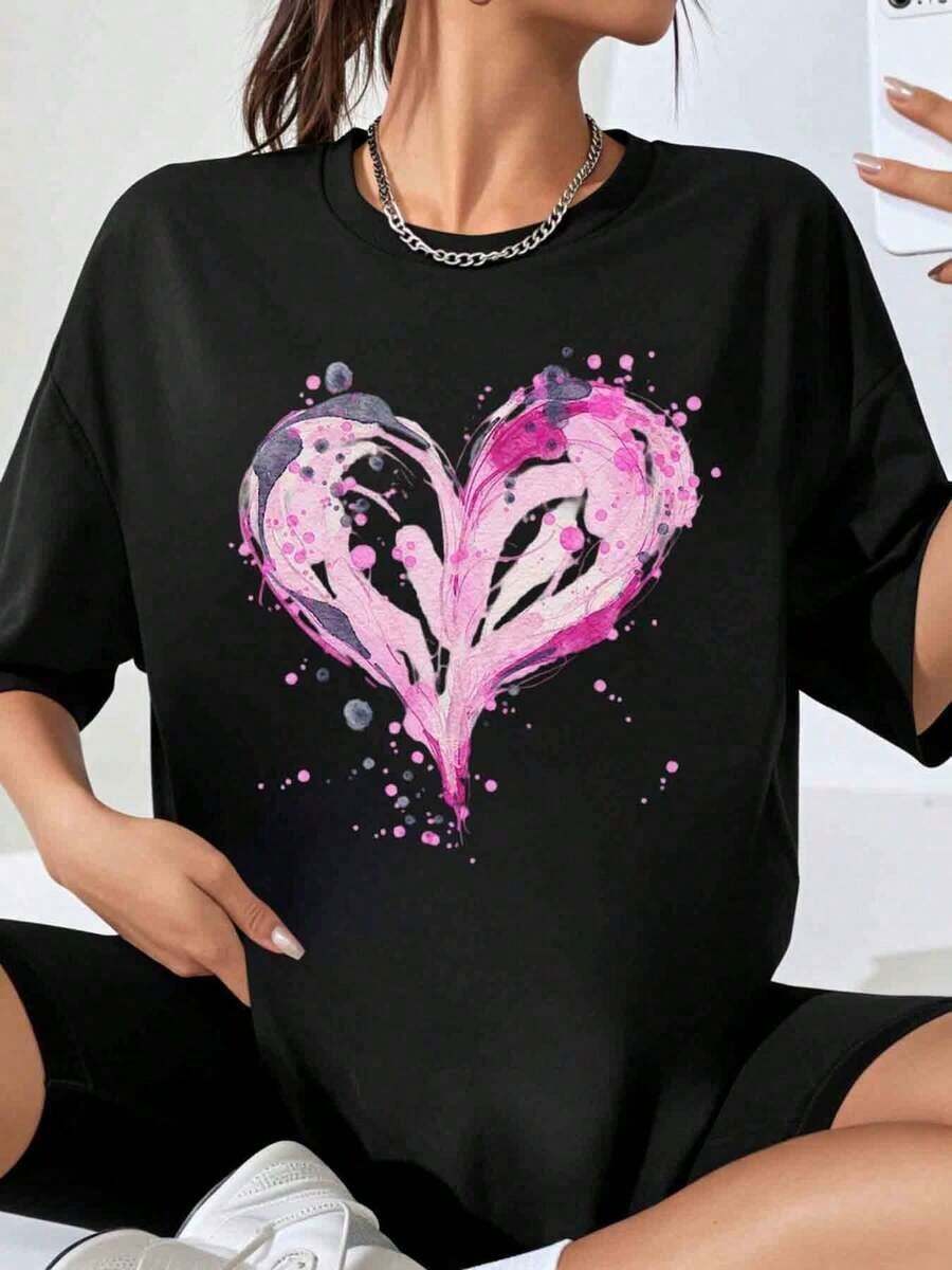 Women's Oversized Heart Print T-Shirt, Casual Loose Fit, White With Pink Watercolor Design For Valentine's Day And Everyday Wear - 黑色 - 查看 1