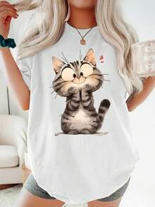 Women's Short-Sleeved T-Shirt With An Adorable, Clumsy Cat Print Holding A Face In Its Hands, Round Neck, Machine Washable, Comfortable, Soft And Breathable, Suitable For Spring, Summer And Autumn, Loose Fit, Casual, Cool And Stylish Women's Fashion, Versatile For - 白色 - 查看 1