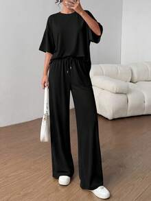 PRETTYGARDEN Women's Summer Clothes 2 Piece Sets Lounge For Short Sleeve Matching Airport Travel Outfits Casual Black Vacation Summer Brunch Black Outfits For Women Mothers Day Outfit - 黑色 - 查看 5