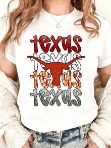 Women's Texas State Pride Longhorn Graphic T-Shirt, Casual Wear, Festival Outfit, Country Style, Cotton T-Shirt, Summer Fashion - 黑色 - 查看 9