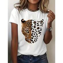 Women's T-Shirt With Half Leopard Face And Animal Print Spots, Gold Brown And Black Tones, Striking Feline Design With Short Sleeves - 白色的 - 查看 5