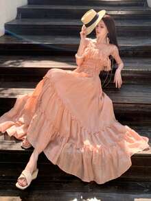New Women's Summer Maxi Dress, Gorgeous, Ruffled, Sleeveless, Strappy, Vacation Design, Flattering, Perfect For Holidays, Beach, Sightseeing And Photogenic Looks - Dark Gold - 查看 3