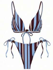 New Women's Casual Elegant Sexy Blue Striped Print Bikini Set, Suitable For Beach, Vacation, Date, Party In Spring/Summer - Multicolor - View 3
