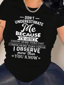Women's Modern, Casual T-Shirt, Perfect For Parties And Lounging At Home, 100% Cotton, Loose Fit. Letter Print Crew Neck T-Shirt, Casual Short Sleeve Top For Spring & Summer, Women's Clothing - 黑色 - 查看 2