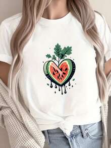 Women's Modern, Casual T-Shirt, Perfect For Parties And Lounging At Home. 100% Cotton, Loose Fit. Watermelon Heart Illustration Print T-Shirt, Short Sleeve Crew Neck Casual Top For Summer & Spring. Women's Clothing - 白色 - 查看 2