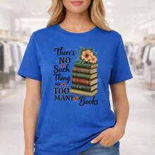 Women's Cotton T-Shirt With Graphic Print "There Are No Too Many Books", Short Sleeve, Round Neck, Casual Style, Loose Fit, Sizes M-5XL, Soft And Breathable T-Shirt For Book Lovers, Literary Gift Idea. - 藍色 - 查看 7