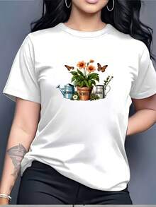 Women's "Soft Spring Garden Art" T-Shirt (180g) - Perfect Gift For Moms And Plant Lovers | Unique Butterfly Design | Modern Summer Fashion, Suitable For Team Building Activities At Home And In Offices. - 白色 - 查看 7