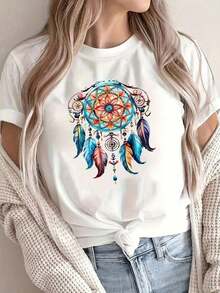 Women's Short-Sleeved T-Shirt With Front Print, Comfortable And Breathable Fabric, Casual Sporty Style, Suitable For Everyday Casual And Athletic Wear In Summer. OL0L 100% Cotton - 白色的 - 查看 6