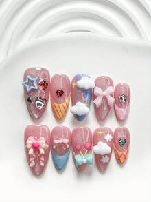 10件甜美風手工穿戴式美甲，Polygel美甲套組，雲朵、蝴蝶結、條紋、波點，藍色、黃色與粉色指甲油，鮮豔風格，附美甲工具，3種尺寸可選，方形、短方形、杏仁形，適合派對、舞蹈、日常穿戴 - 彩色 - 查看 10