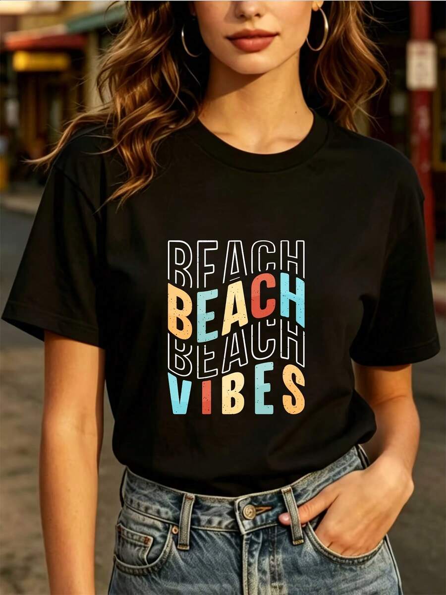 Women's Beach Vibes Short Sleeve T-Shirt - 180g Summer Casual Round Neck Tee With Beach-Themed Geometric Patterns, Suitable For Family Vacations, Company Events & Festive Gifts, Machine Washable Blouse-Compatible For Style - 黑色 - 查看 1