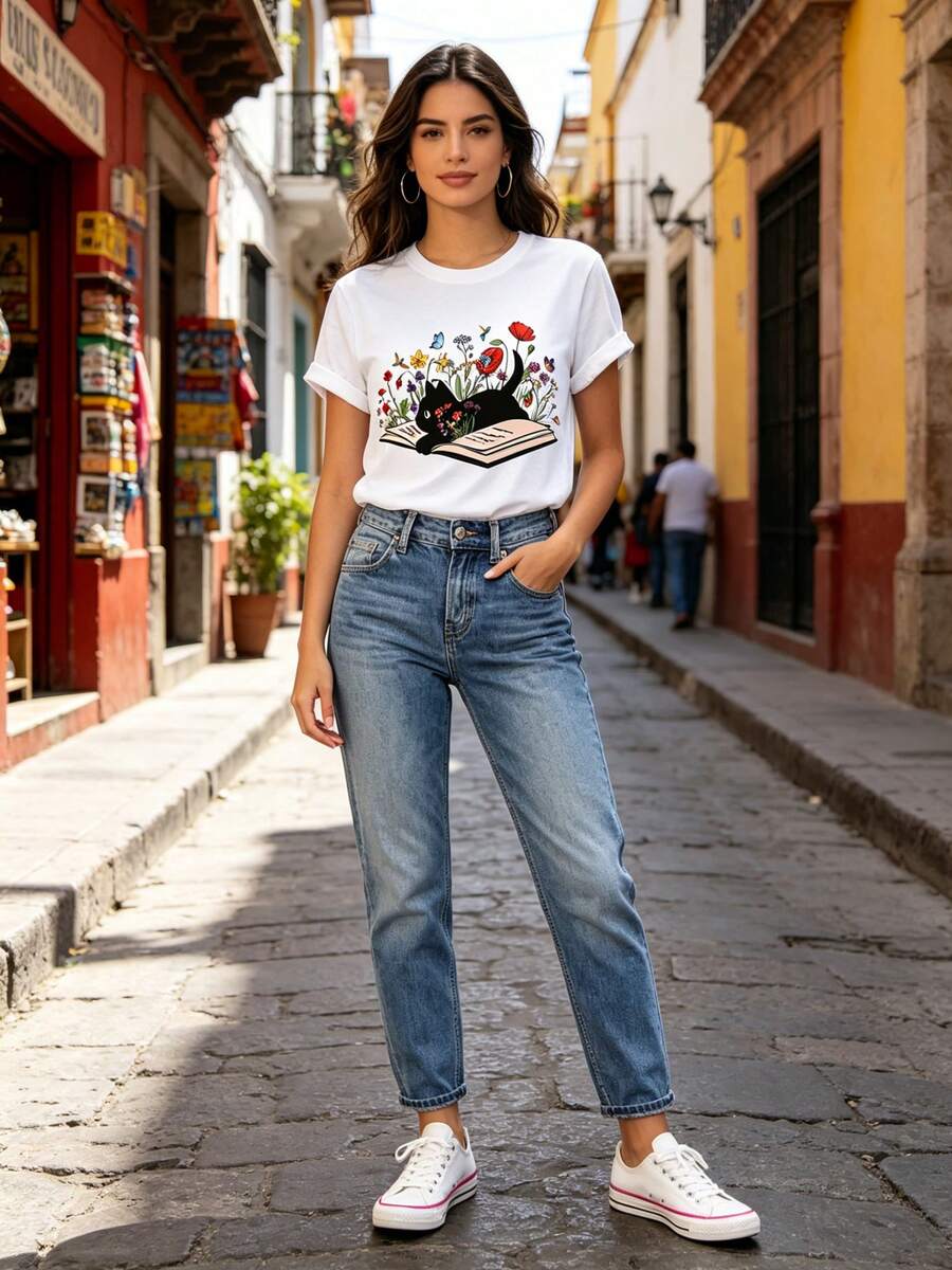 Limited Time Offer, Limited Quantities, Flash ! Women's Casual Shirts, Women's Polyester T-Shirts, Elegant Shirts. Women's Summer T-Shirt: Regular Fit, Crew Neck, With Book, Cat, And Floral Prints. - 白色 - 查看 1