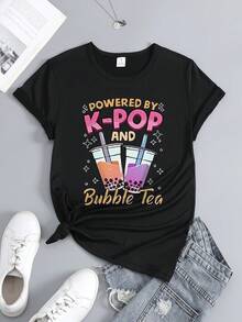 | Exquisite Design | Loose And Comfortable | Easy To Match | Women's T-Shirt With K-Pop And Bubble Tea Print - Quick-Drying, Round Neck, Short Sleeve, Machine Washable, A Must-Have Casual Garment For K-Drama Fans, Suitable For Daily Wear In All Seasons, Gift For KCON Fans, Fun Design. - 白色 - 查看 7