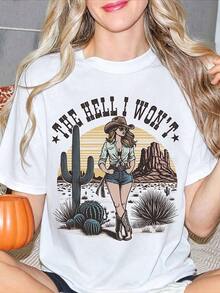 Women's Pure Cotton Crew Neck T-Shirt, Casual Summer Style, With A Western Cowgirl, Cactus, And Desert Scene Print. Ideal For Summer And As A Gift For Friends And Family. Fashion-Inspired Print, Suitable For Adults, For Everyday Casual Wear, Appropriate For Informal Birthdays And The 250th Anniversary Of The United States. Breathable And Comfortable. - 白色 - 查看 1