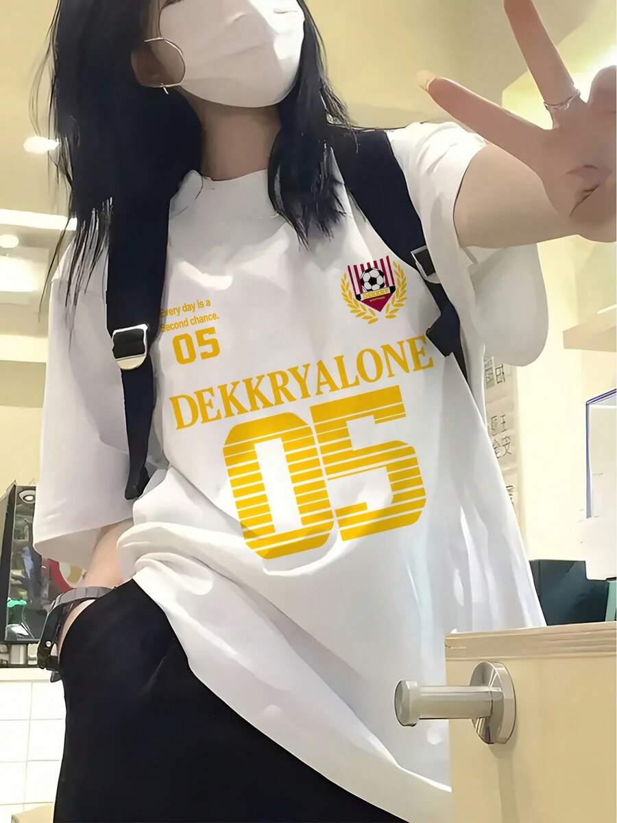 Women's Y2K Style Short-Sleeved T-Shirt With A Yellow Letter Print, New Summer Fashion, Versatile, Loose Fit, Round Neck. Comfortable MPQN - 白色 - 查看 1