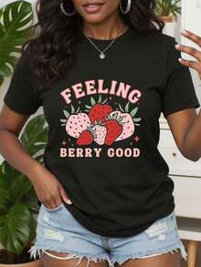 Casual Strawberry Print T-Shirt, Retro Strawberry Graphic T-Shirt, Vintage Fruit Illustration T-Shirt, Gift For Sweet Berry Lovers, Retro Style Clothing, Perfect Gifts For Grandma And Mom. - 黑色 - 查看 6