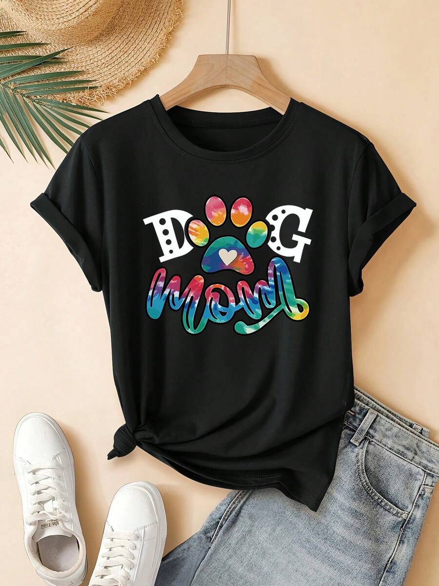 Women's Printed T-Shirt, Casual, Holiday Wear, Short Sleeve, Round Neck, Spring/Summer, Machine Washable, New Women's Clothing, Versatile For Going Out, Suitable For Sports. - 黑色 - 查看 1