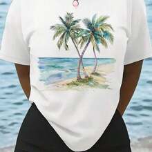 Plus Size Women's White Tropical Palm Print T-Shirt - Relaxed Fit, Short Sleeve, Round Neck, Summer Beach Top - Soft And Casual Vacation Shirt With Palm Print, Machine Washable Blouse For Travel And Hawaiian Outfits, Women's Printed Short Sleeve T-Shirt, Round Neck, Casual, For Everyday Wear And Travel. - 白色 - 查看 7