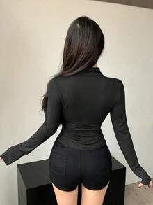 Camiseta de manga larga de cuello alto y ajuste ceñido para mujer, ropa de otoño - Negro - Ver 4