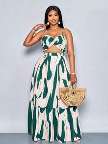Vestido maxi elegante y casual para mujer de talla grande con estampado floral romántico, sin mangas, con cintura ceñida y nudo, tirantes de espagueti, para vacaciones en la playa, primavera y verano, para el verano en Hawái, vestidos de verano p - Verde Oscuro - Ver 2
