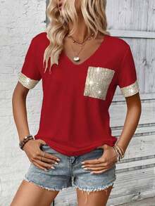 LUNE Camiseta de mujer casual de manga corta con cuello en V, parches y lentejuelas - Burdeos - Ver 4