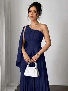 Nuevo vestido plisado sin mangas de color azul claro versátil para mujer, atuendo de vacaciones, vestido de verano - Azul marino - Ver 6
