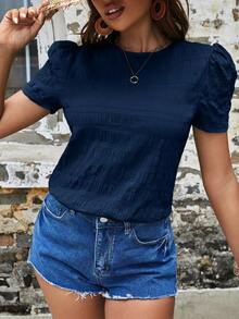 Blusa de manga corta con textura sólida y mangas tipo farol  VCAY - Azul marino - Ver 6