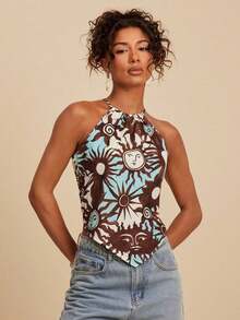 Top de tirantes tejido con estampado de vacaciones para mujer - Multicolor - Ver 4