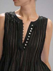 Nuevo Llegado 2025 Mujer Blusa sin mangas de lino con volante en la cintura, Estilo casual simple, Vacaciones - Negro - Ver 6