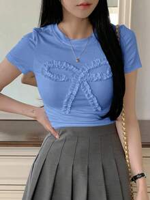 Camiseta ajustada de manga corta con cuello redondo, volantes y lazo, unicolor para mujer, crop top para mujer en Pascua - Agua verde azul - Ver 2