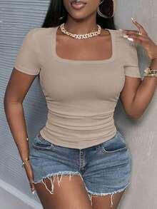 Camiseta blanca básica, casual y sencilla con cuello en V, manga corta, ajustada, con fruncido lateral, acanalada y elástica para mujeres, para el verano - Gris - Ver 4