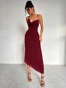 Vestido de estilo elegante y romántico para mujer, adecuado para fiesta, vacaciones, vuelta al colegio, cita romántica y boda, vestido de fiesta con escote en pico, cuello halter, espalda descubierta, efecto fruncido y lazo - Burdeos - Ver 6