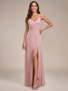 Elegante vestido de noche de unicolor y sexy, vestido de dama de honor con abertura alta y tirantes finos en azul marino, vestido formal para invitados de boda en primavera - Rosa Oxidada - Ver 4