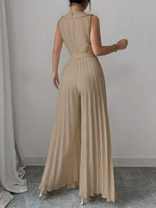 Mono elegante de mujer con diseño de doble botonadura y plisado en color albaricoque, para primavera y otoño - Caqui - Ver 2