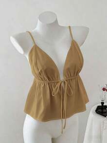 Top sin espalda con cuello de halter y rayas de strass para mujer - Caqui - Ver 1