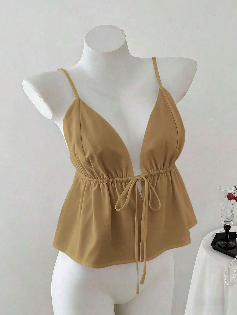 Top sin espalda con cuello de halter y rayas de strass para mujer - Caqui - Ver 1